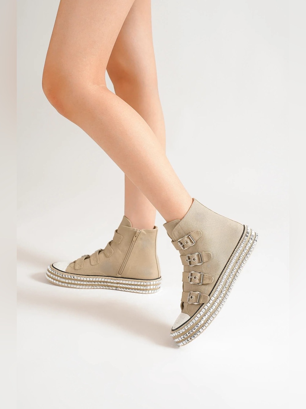 Beast Fashion Multi-Buckle Straps Studded Platform Sneakers